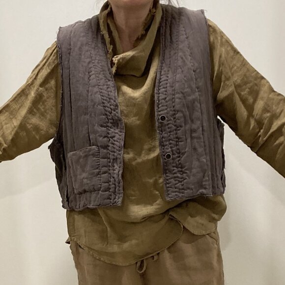 100% Linen Padded Vest, OS, light coffe color - Picture 10 of 10